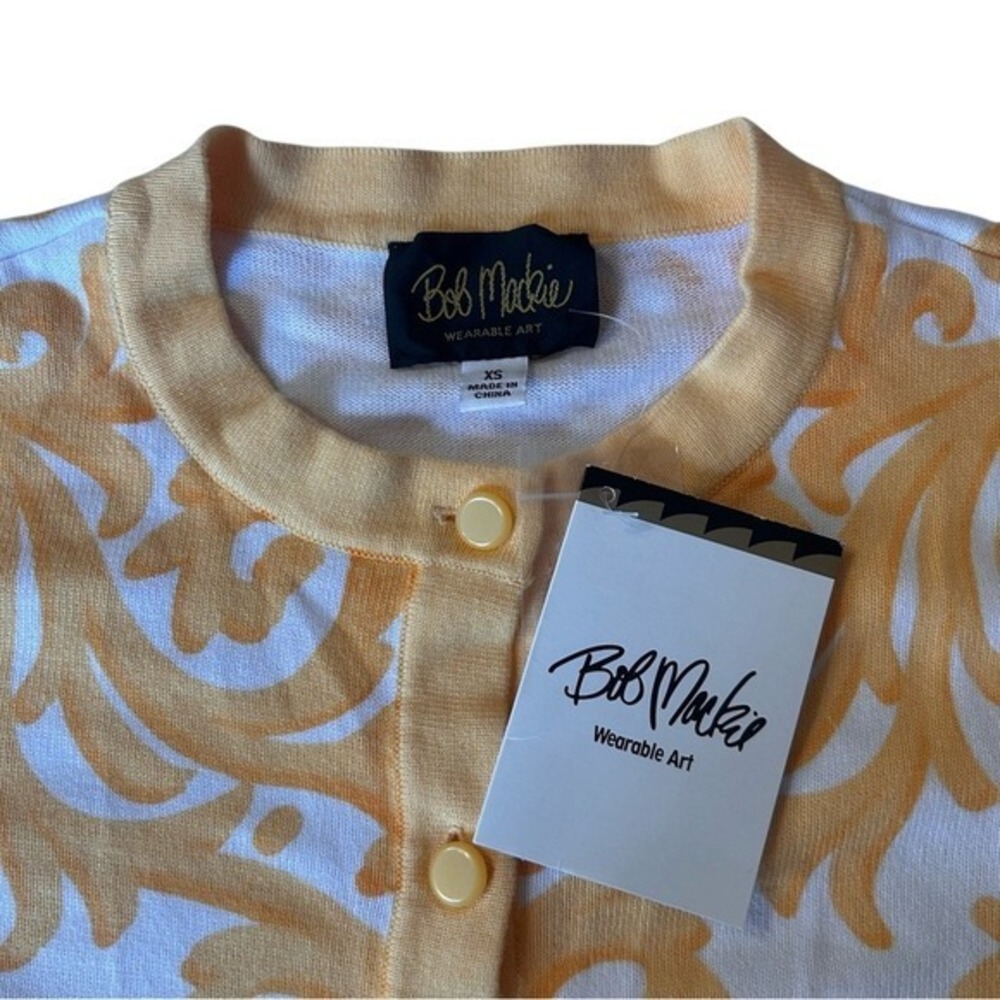 Bob Mackie Wearable Art Cardigan Sweater Yellow White Damask Scroll Knit XS NWT - Picture 5 of 6